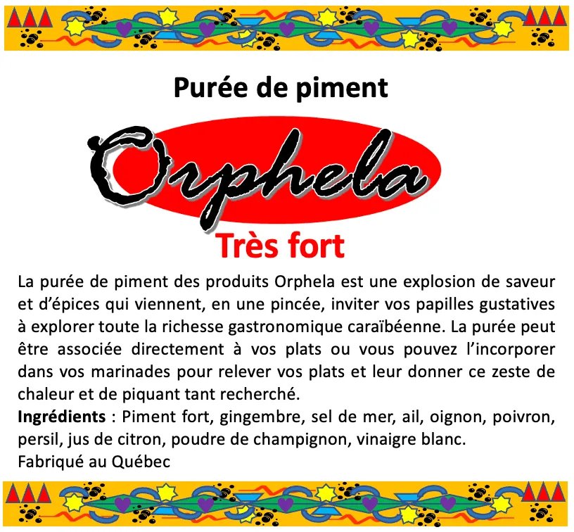 Orphela very hot pepper purée label